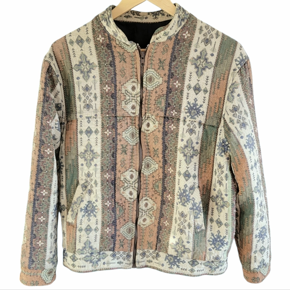 Vintage Tapestry Patchwork Bomber Style Jacket Southwestern Woven 90’s
